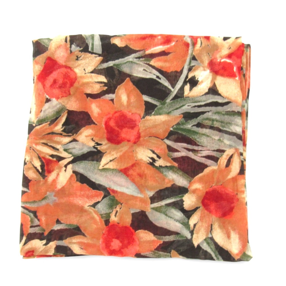 Vintage TIE RACK Orange/Red FLORAL PRINT Twill SQUARE Wrap Shawl Scarf